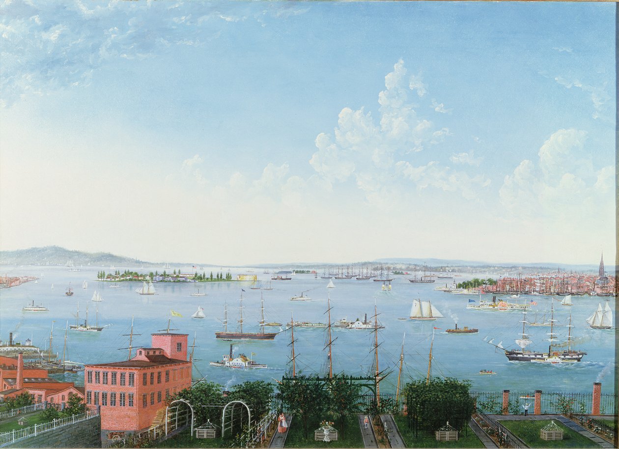 Utsikt över New Yorks hamn från Brooklyn Heights, ca 1860 (olja på linne) av American School