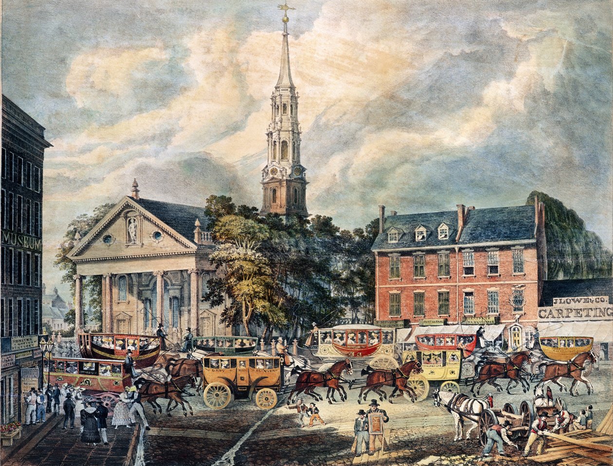 Vy över St. Pauls Chapel och Broadway Stages, New York av American School
