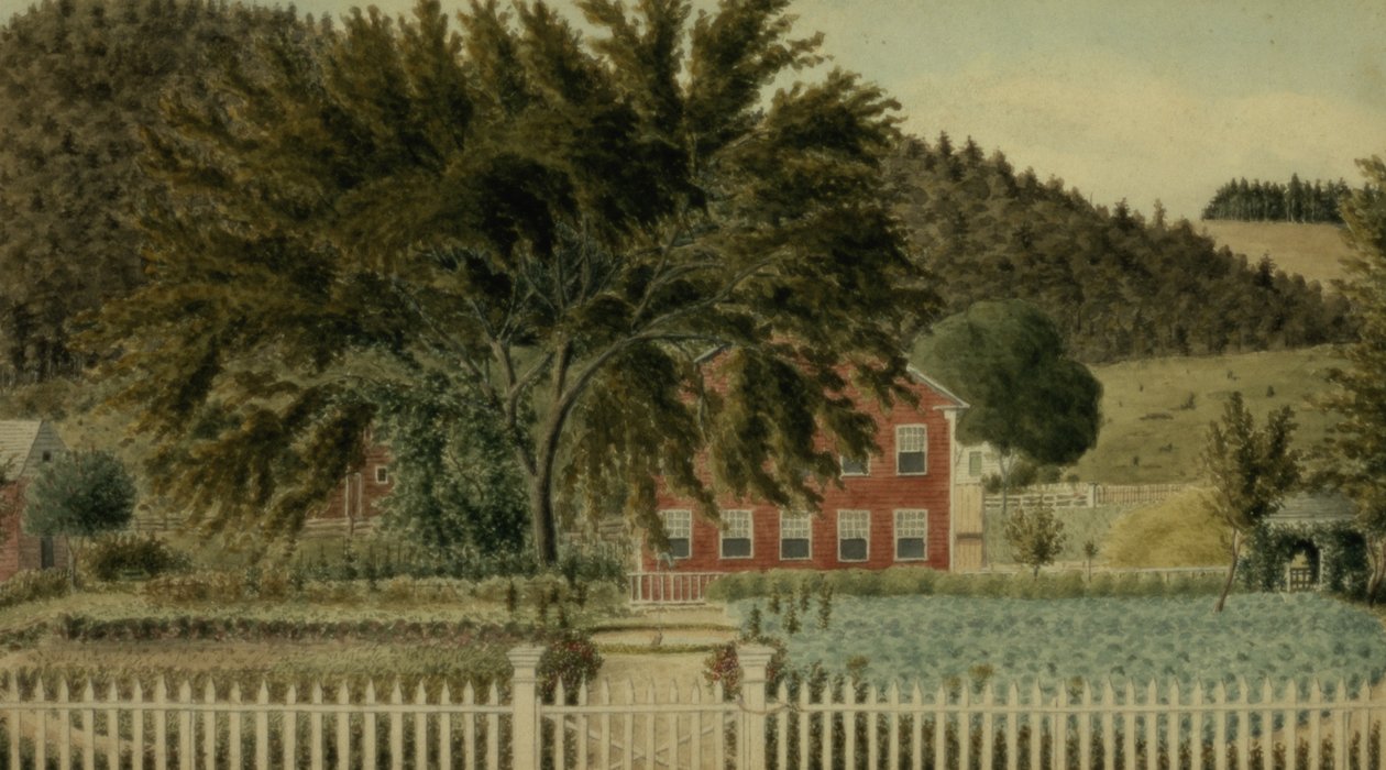 Utsikt över ett rött hus med staket, 1854 (wc med gouache på papper) av American School