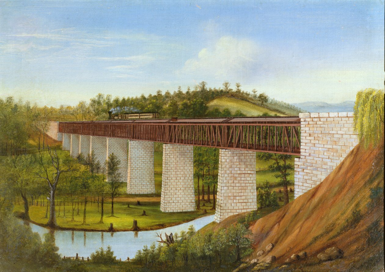 Vy över en täckt bro och järnväg, c.1870 av American School