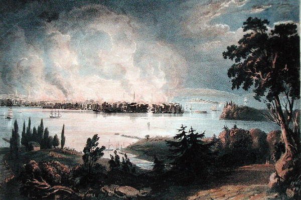 Utsikt över staden New York från Weehawk under den stora branden, 16 december 1835, graverad av Day och Haghe (färg litho) av American School