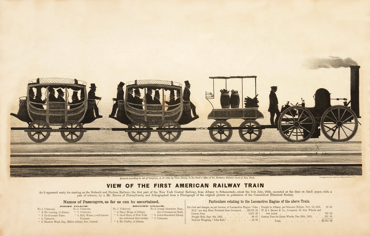 Vy över det första amerikanska järnvägståget, pub. 1865 av American School