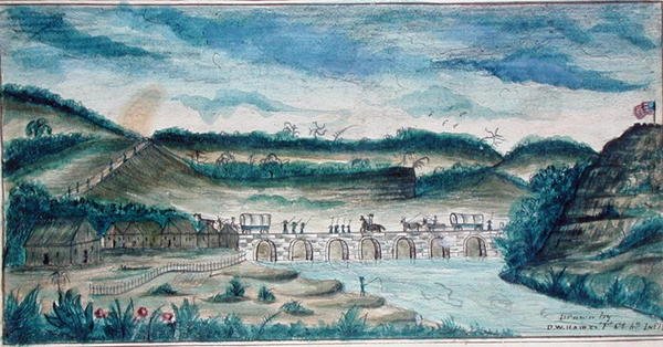 Utsikt över National Bridge i Santa Fe, Mexiko (akvarell på papper) av American School
