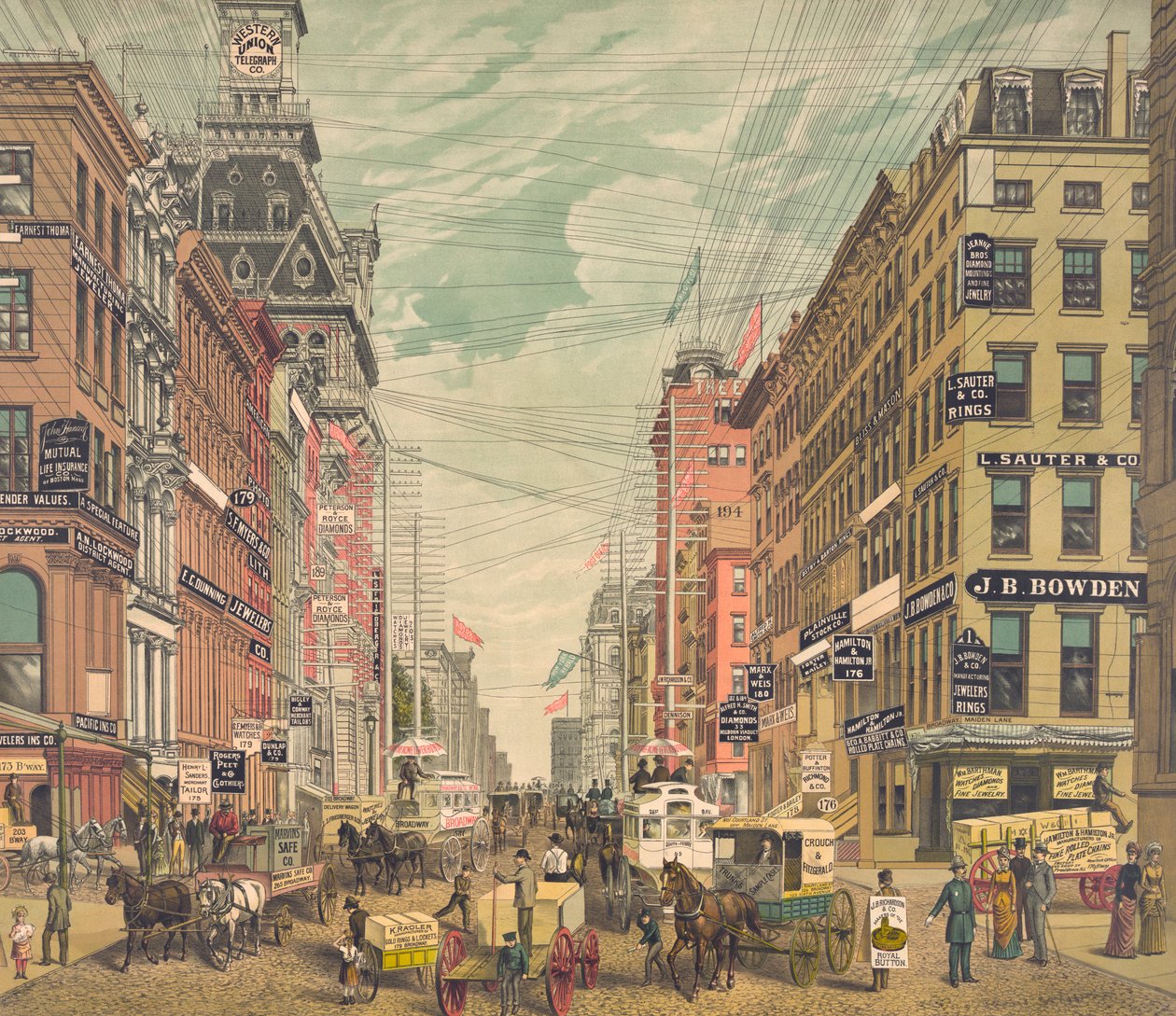 Vintage vy över Broadway i New York City, ca 1880 (kromolitografi) av American School