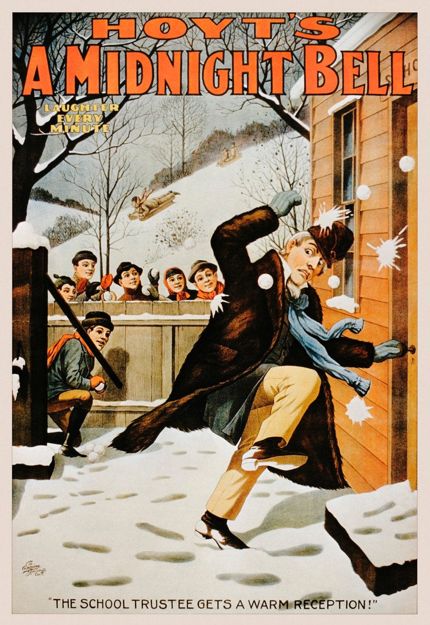 Vintageaffisch av pojkar som kastar mannen med snöbollar, 1890-99 av American School