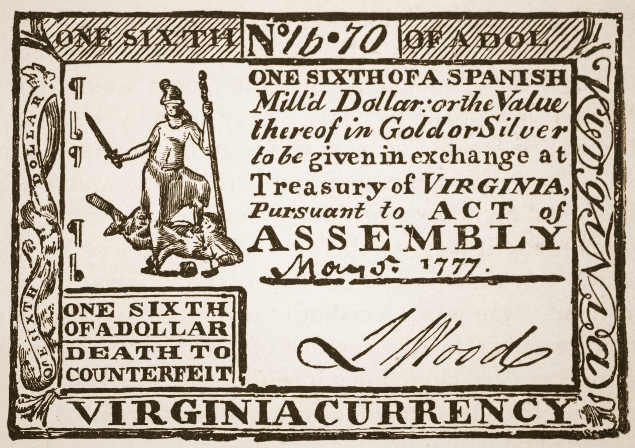 Virginia Currency, lika med en sjättedel av en spansk dollar, 1777 av American School