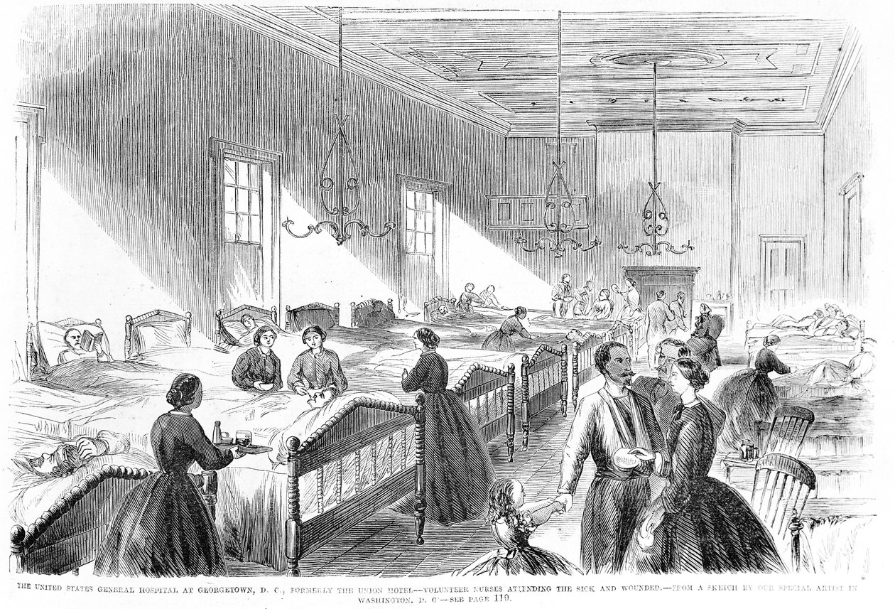 Frivilliga sjuksköterskor som går till sjuka på US General Hospital i Georgetown, från Frank Leslies Illustrated Newspaper, 6 juli 1861 av American School