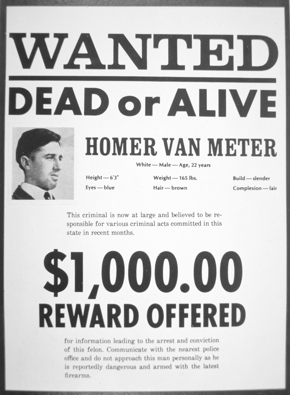 Efterlyst affisch för Homer van Meter (tidningspapper) av American School