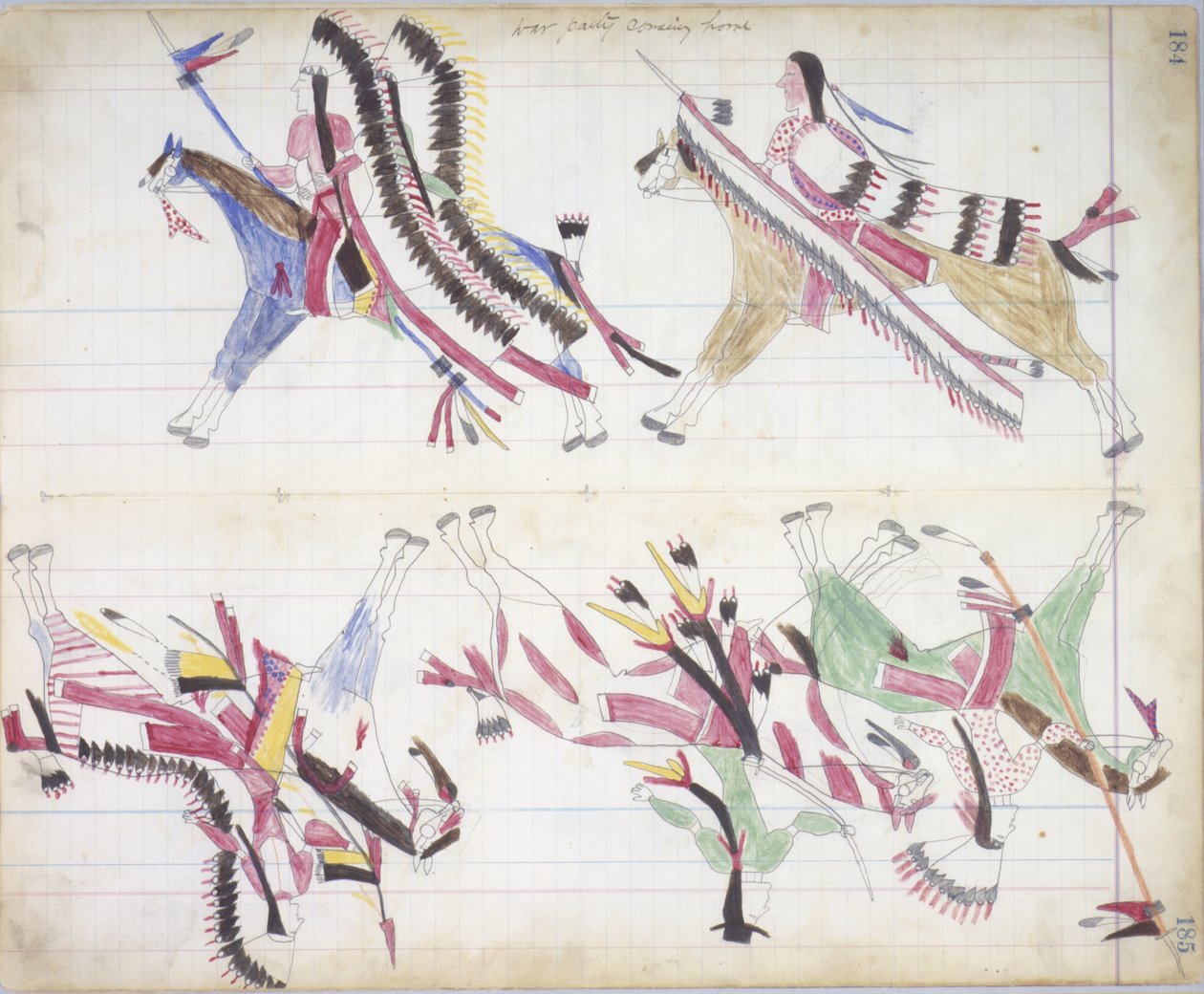 Krigsfest kommer hem, illustration från Black Horse Ledger, 1877-79 (penna och krita på papper) av American School