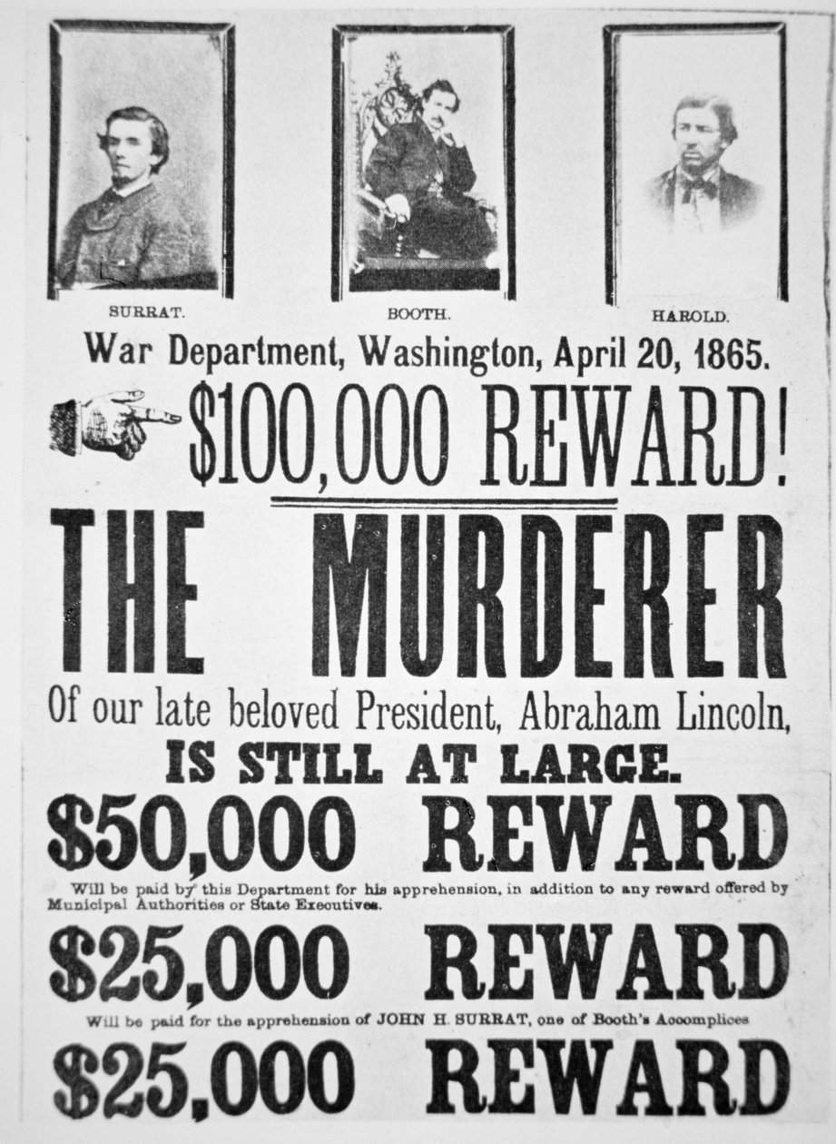 Washingtons krigsdepartements affisch som tillkännager en belöning på 000 000 för att hitta mördaren av Abraham Lincoln (1809-65) 20 april 1865 (litho) av American School