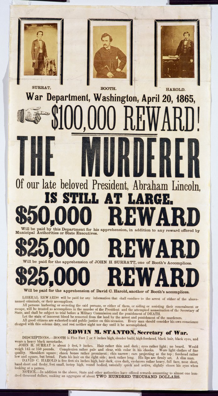 Washingtons krigsdepartements affisch som tillkännager en belöning på 100 000 $ för att hitta Abraham Lincolns mördare, 20 april 1865 av American School