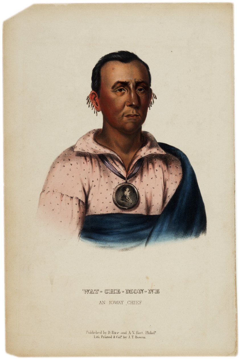Wat-Che-Mon-Ne, Ioway-chef, tryck gjord av J. T. Bowen, illustration från The History of the Indian Tribes of North America av Thomas L. McKenney och James Hall, ca 1842-70 av American School