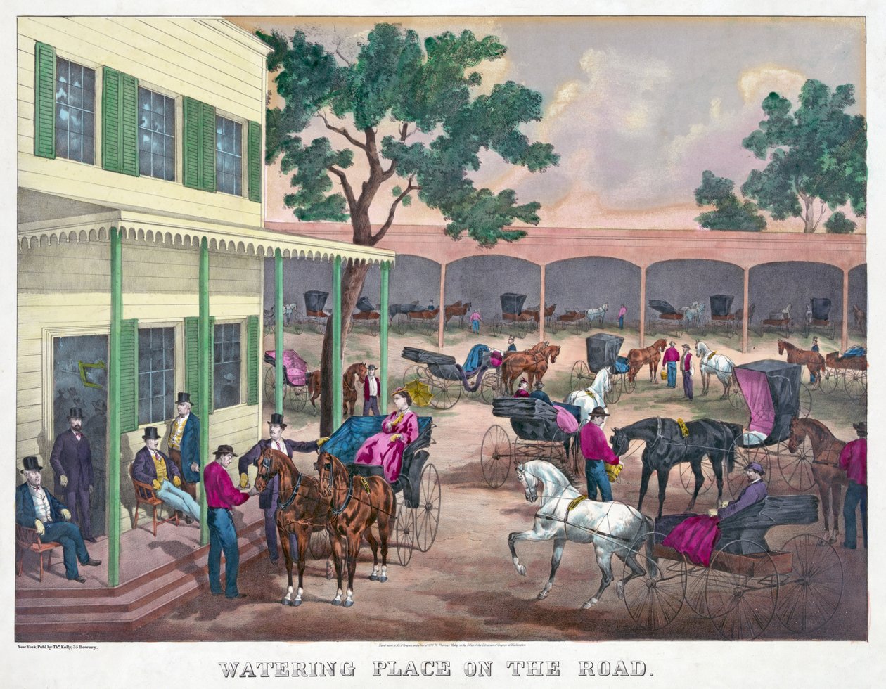 Watering Place on the Road, pub. 1870 (handfärgad gravyr) av American School