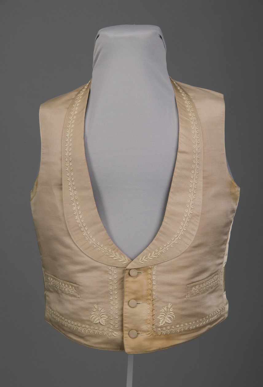 Bröllopsväst, ca 1855 (framifrån), Sidenbrokad, sidentrådsbroderi, linne, Wallin & O