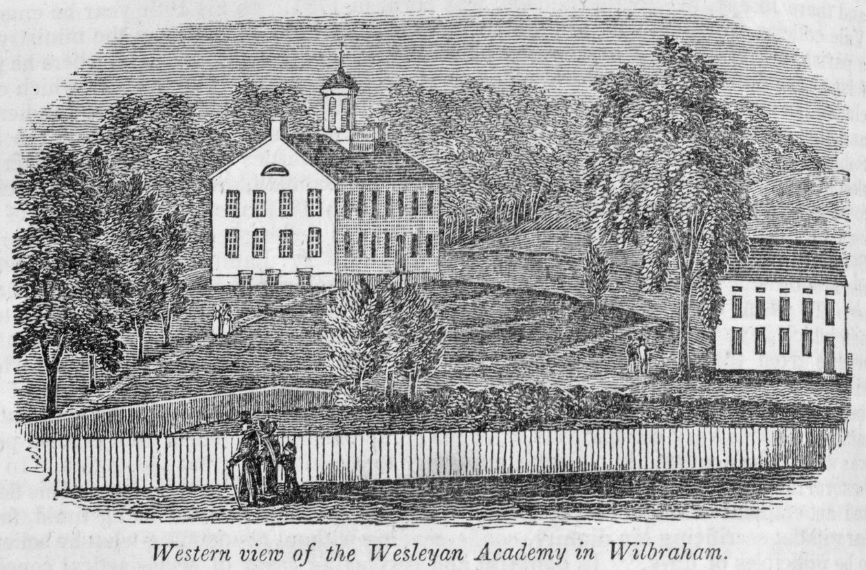 Västerländsk vy av Wesleyan Academy i Wilbraham, från "Historical Collections of Massachusetts", av John Warner Barber, 1839 (gravyr) av American School