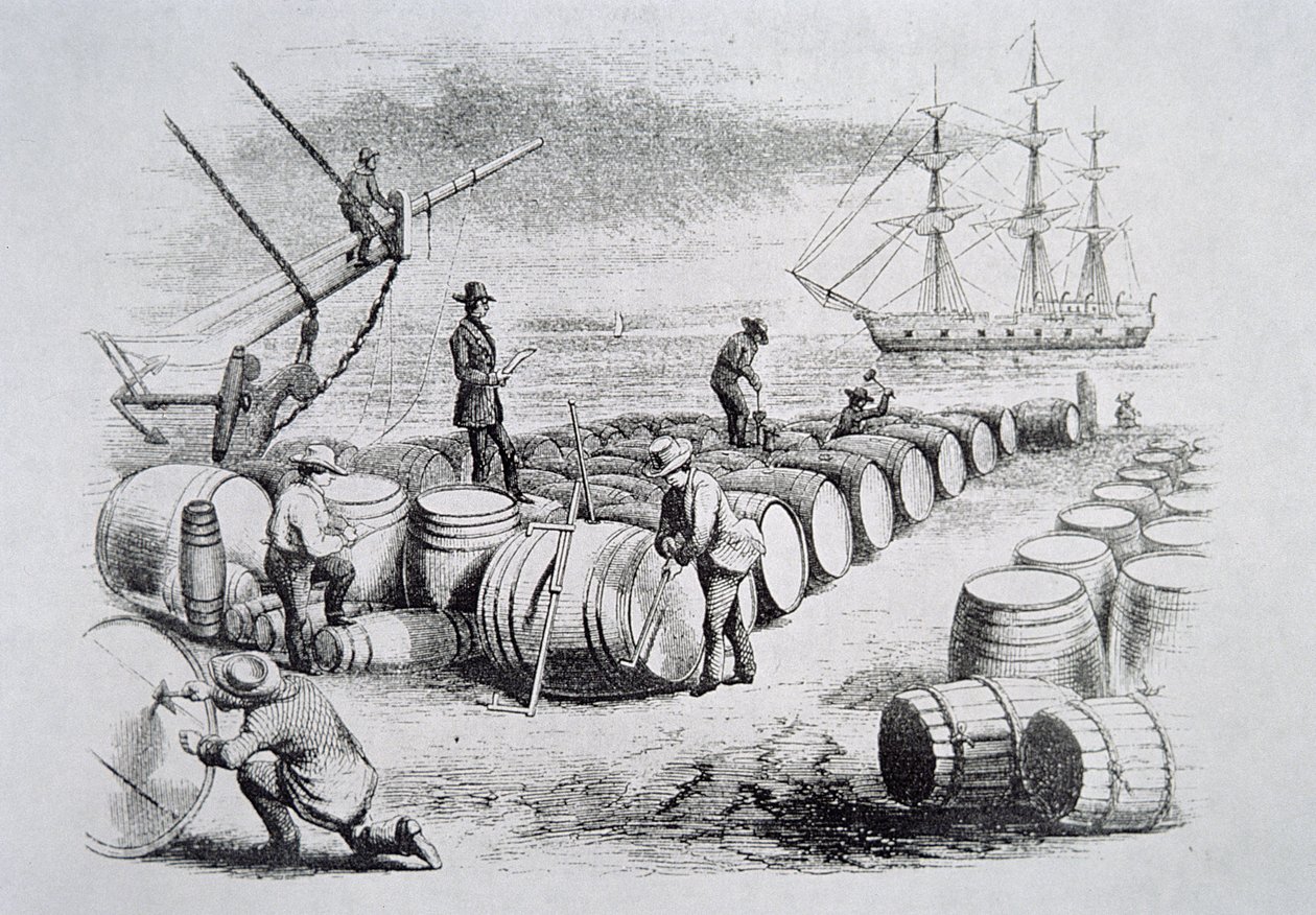 Valfångare som mäter olja i fat, från The American Whale Fishery, ca 1850 (gravyr) av American School