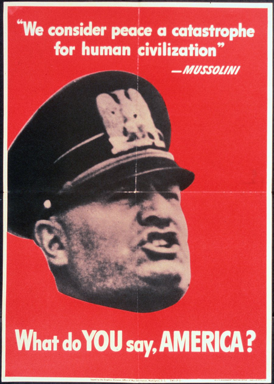 "What do YOU say AMERICA?", USA:s andra världskrigets affisch med ansiktet på Mussolini, Anon, ca 1942 av American School