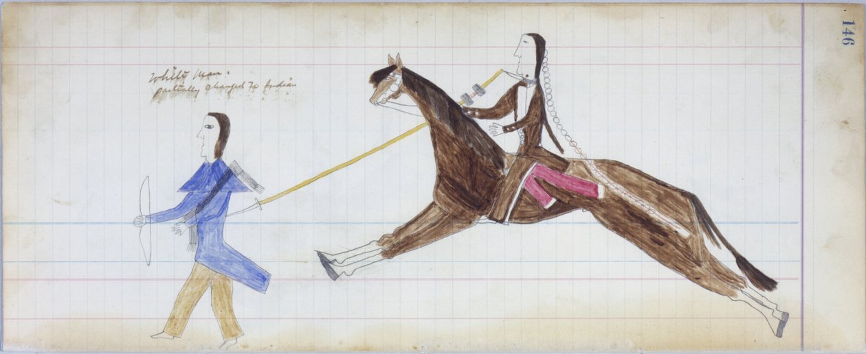 Den vita mannen ändrades delvis till indisk, illustration från Black Horse Ledger, 1877-79 (penna och krita på papper) av American School