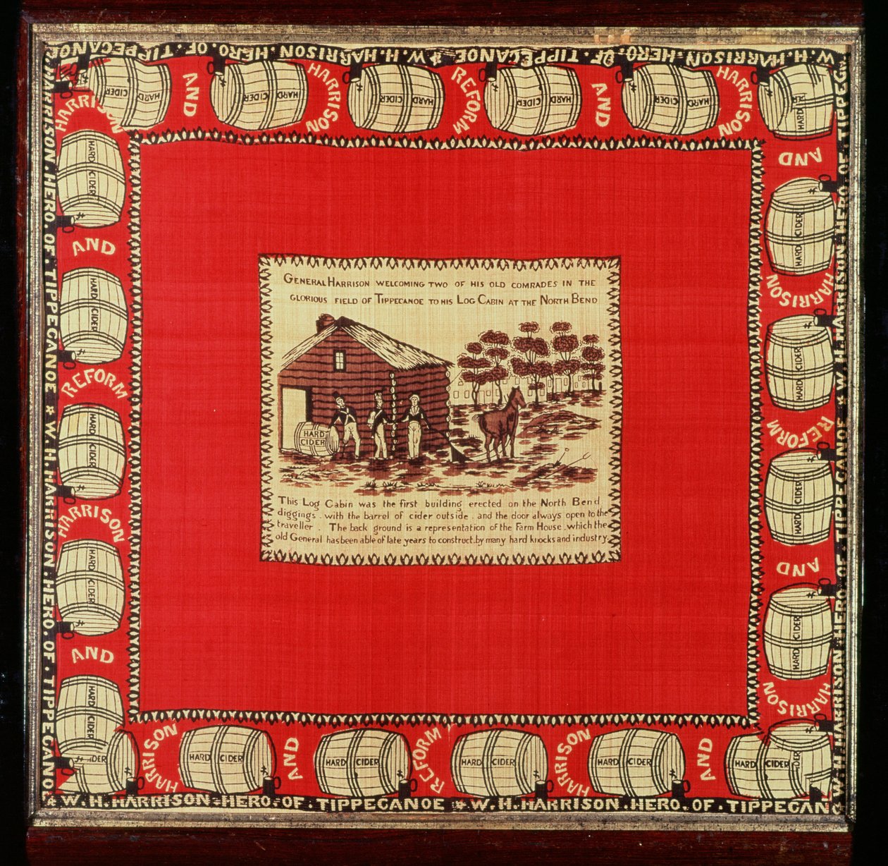 William Henry Harrison välkomnar två gamla kamrater i Log Cabin, 1840 (silke) av American School
