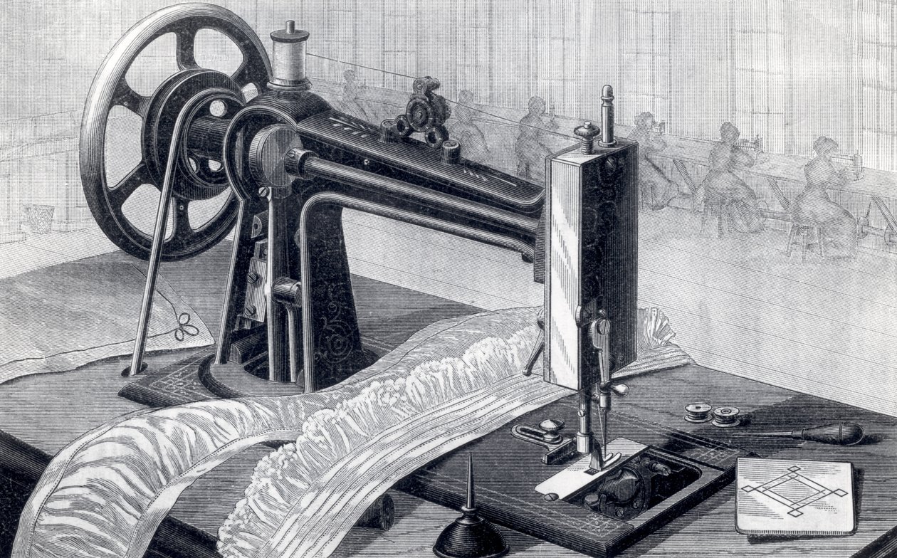 Wilson symaskin, som visar remdrift från trampan och oljedunken, från Park Benjamin Appletons Cyclopedia of Applied Machines, publicerad 1880 av American School