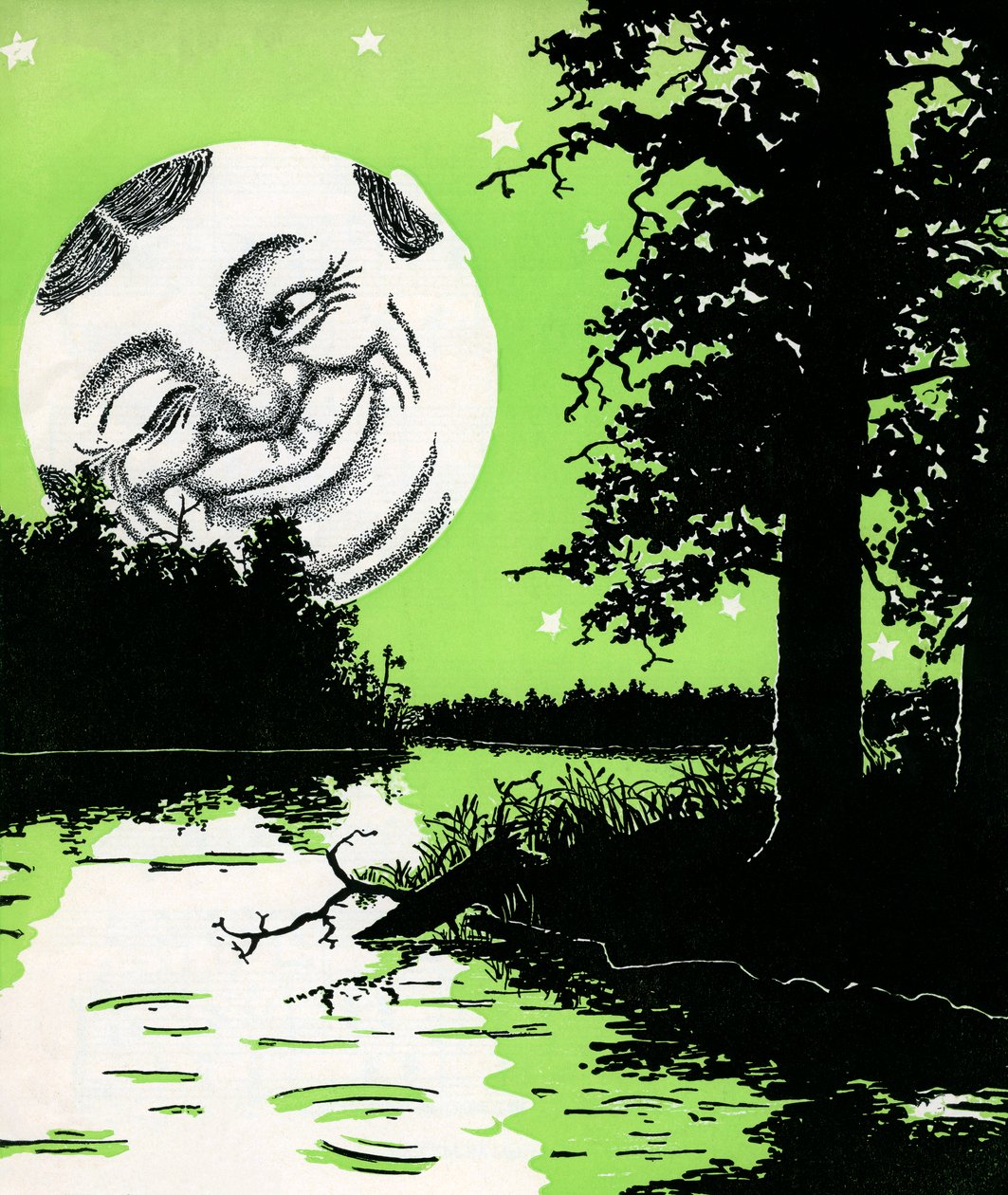 Blinkande "Man in the Moon" reser sig över ett flodlandskap av American School