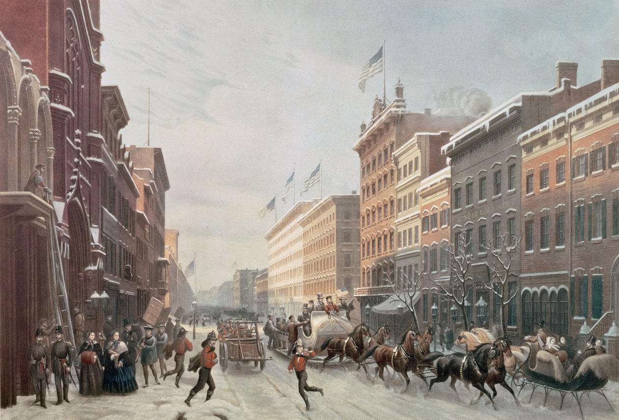 Vinterscen på Broadway, New York, 1857 av American School