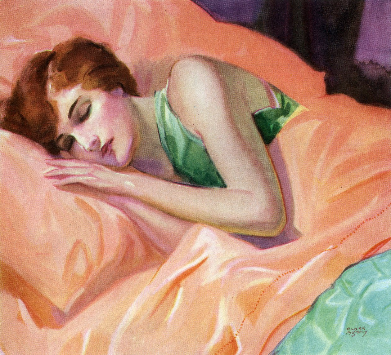 Kvinna som sover på persikofärgade lakan av American School