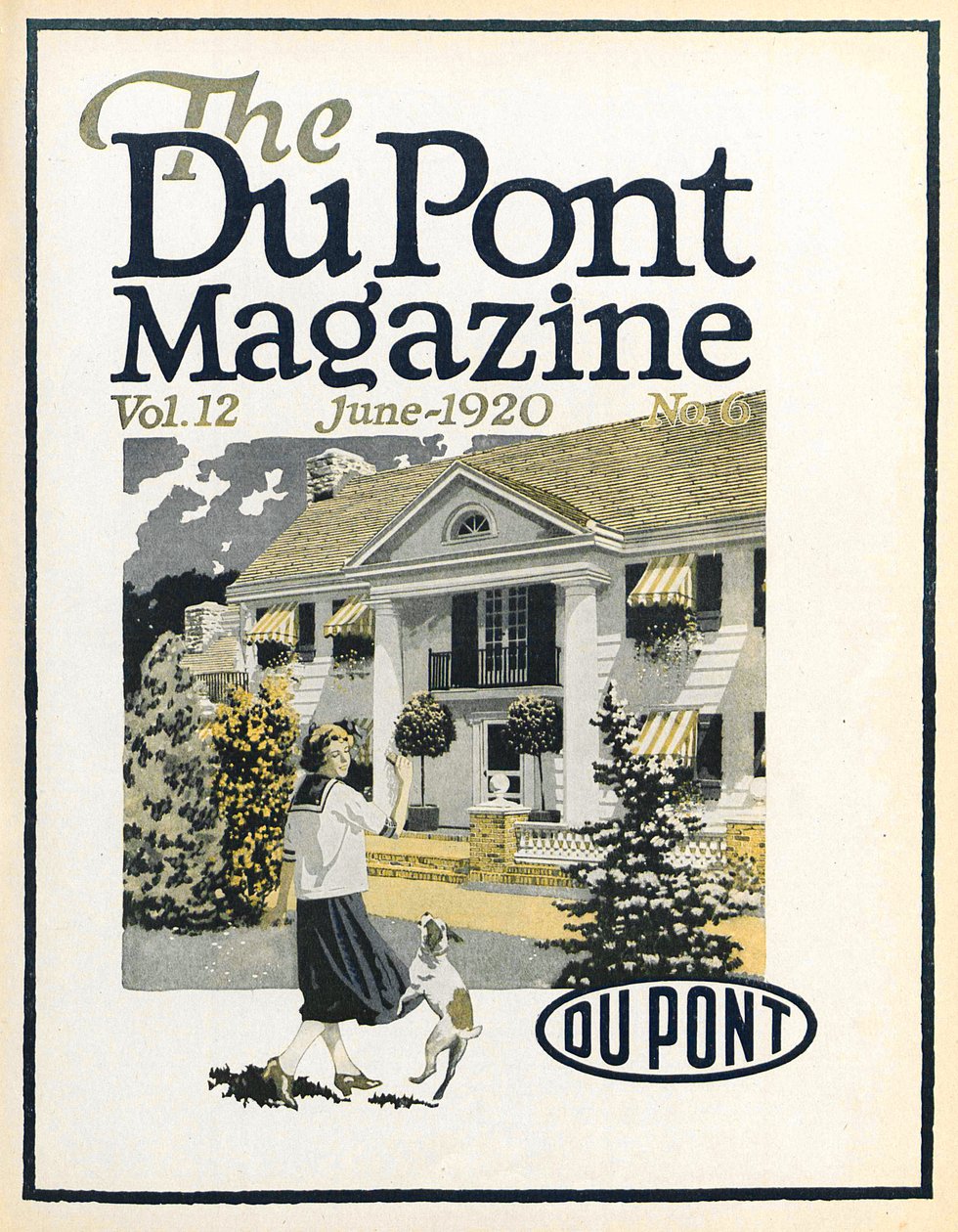 Kvinna och hund, framsidan av DuPont Magazine, juni 1920 av American School