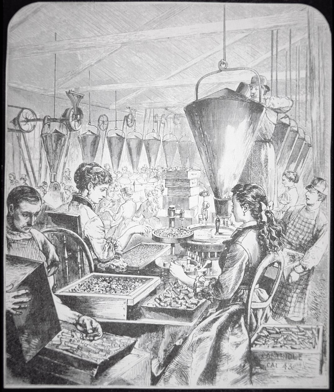Kvinnor som arbetar i ammunitionsfabrik, Bridgeport, Connecticut (gravyr) av American School