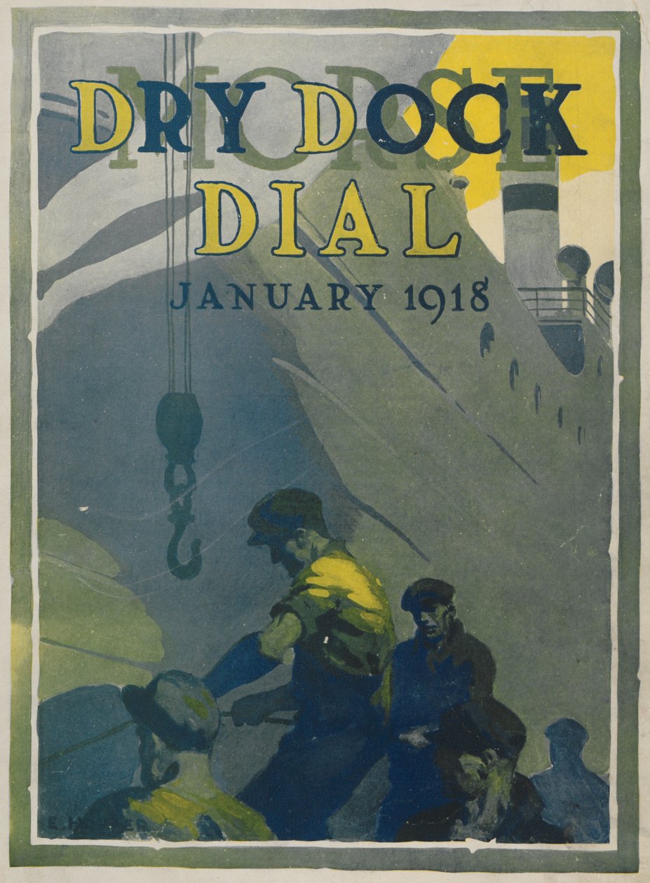 Arbetare i Morse-varvet, främre omslaget till Morse Dry Dock Dial, januari 1918 av American School