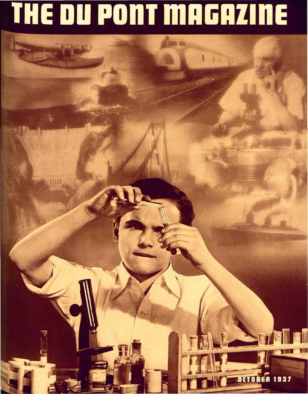 Ung pojke med kemiuppsättning, framsidan av DuPont Magazine, oktober 1937 av American School