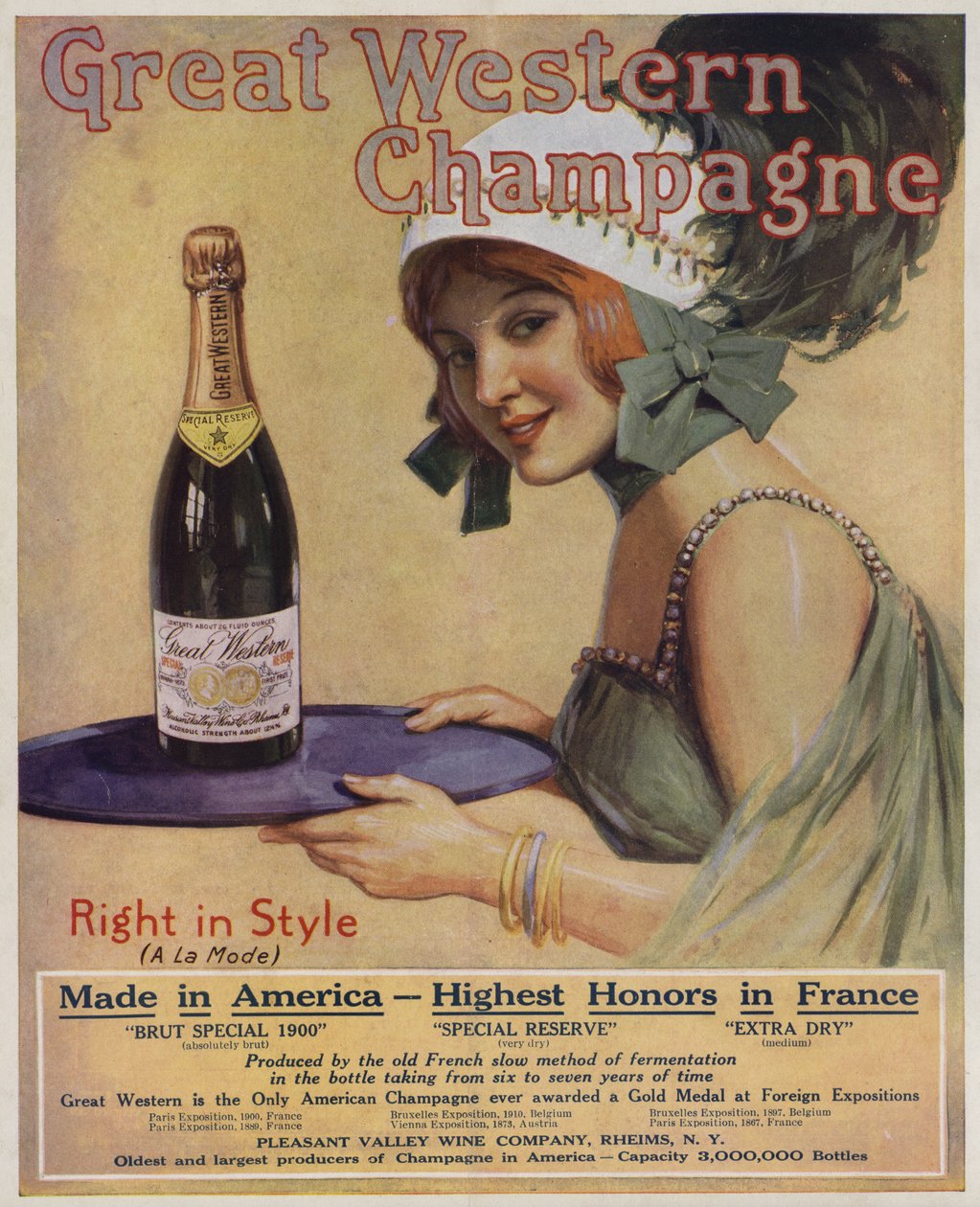 Ung kvinna med en flaska champagne, reklam för Great Western Champagne (färglitografi) av American School