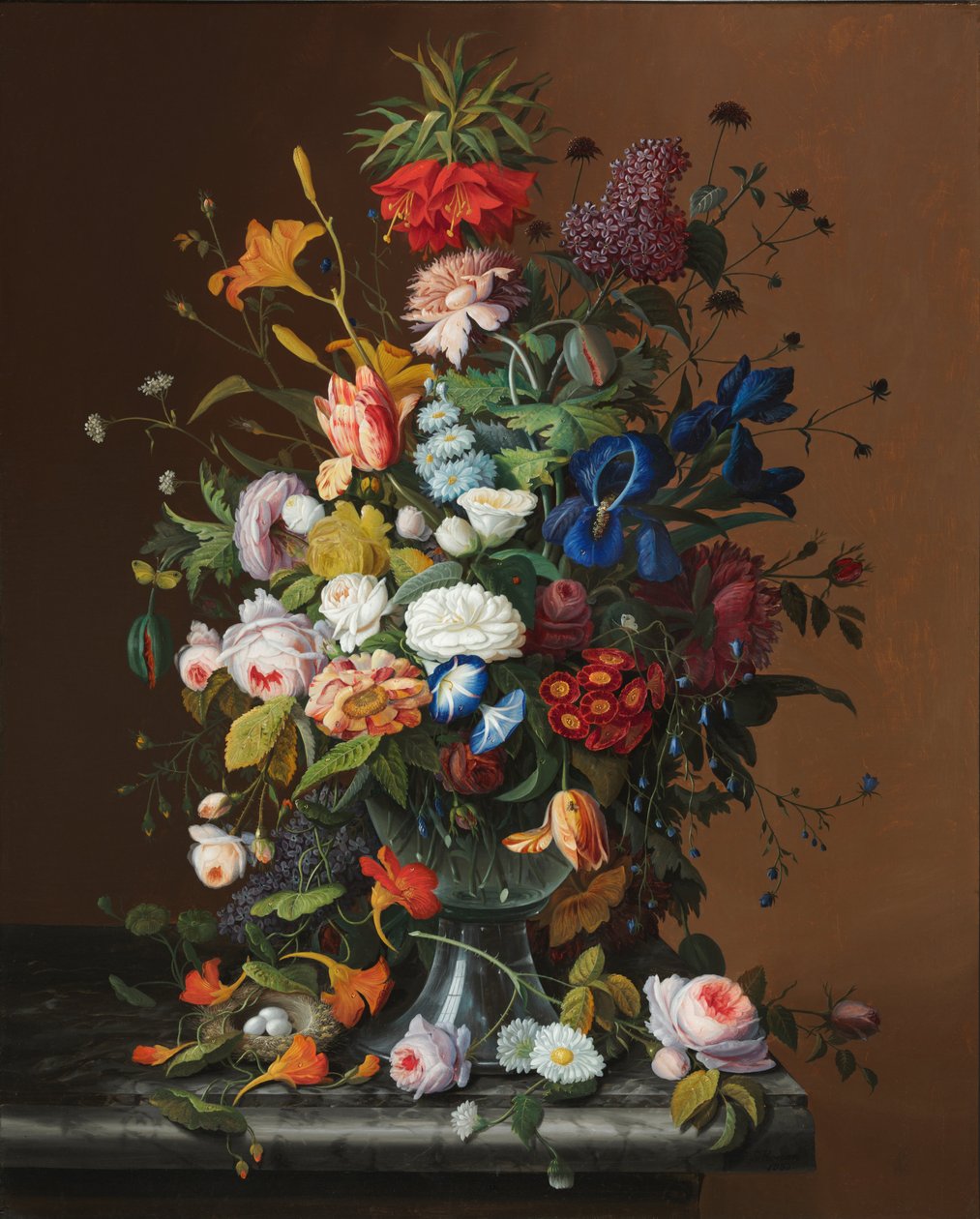 Blomsterstilleben med fågelboet av American Severin Roesen