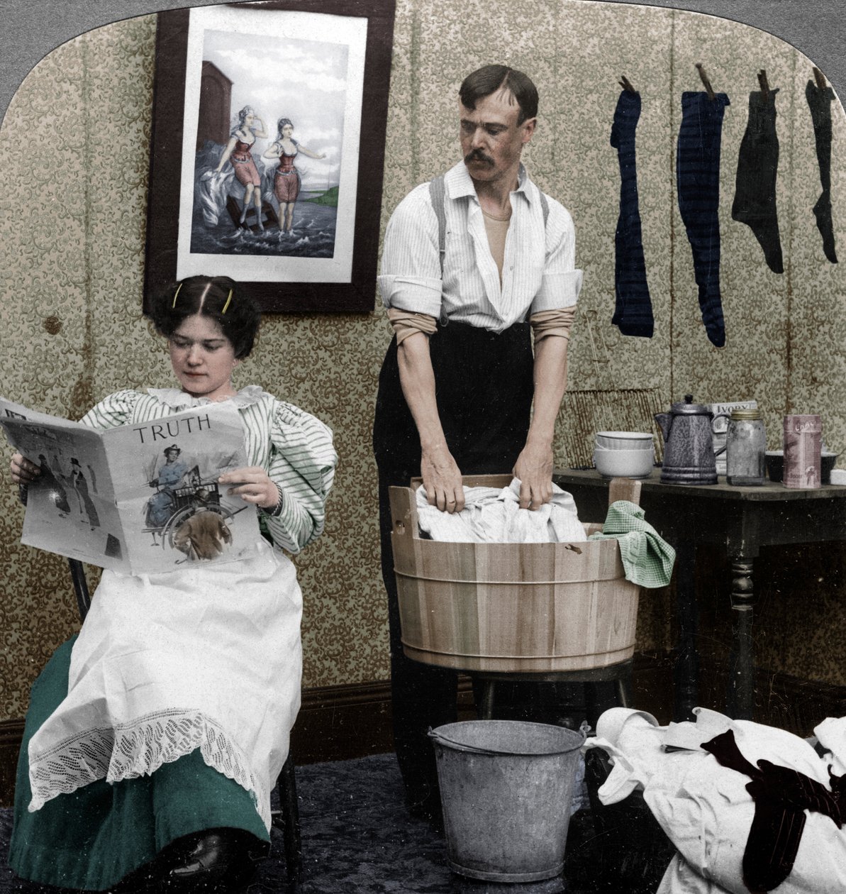 Den nya kvinnan, tvättdagen av American Stereoscopic Company