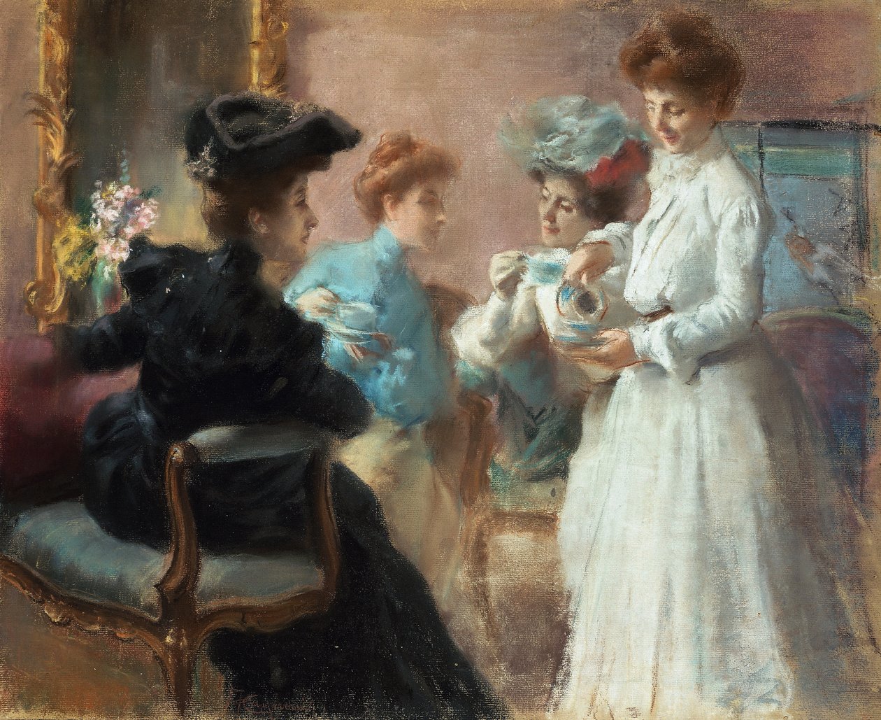 Teatime in my living room in Via Senato, av Amerino Cagnoni (1853-1923), pastell på papper monterad på duk, 48x56,5 cm av Amerino Cagnoni
