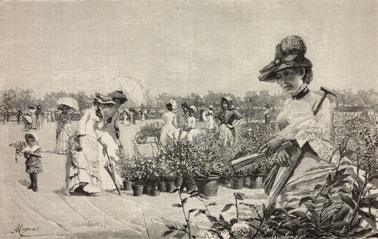 Kvinnor som går i Brera, Milano, Italien, gravyr från målningen Maggio (maj) av Amerino Cagnoni (1853-1923), från L