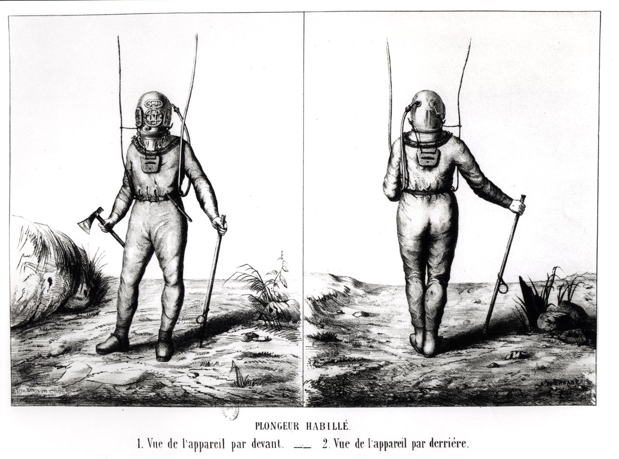 Deep Sea Diver, illustration från Scaphandre, Apparatus de Plongeur Cabirol, av Joseph-Martin Cabirol, publicerad Paris 1855 (bw foto) av Amicar de Lafage