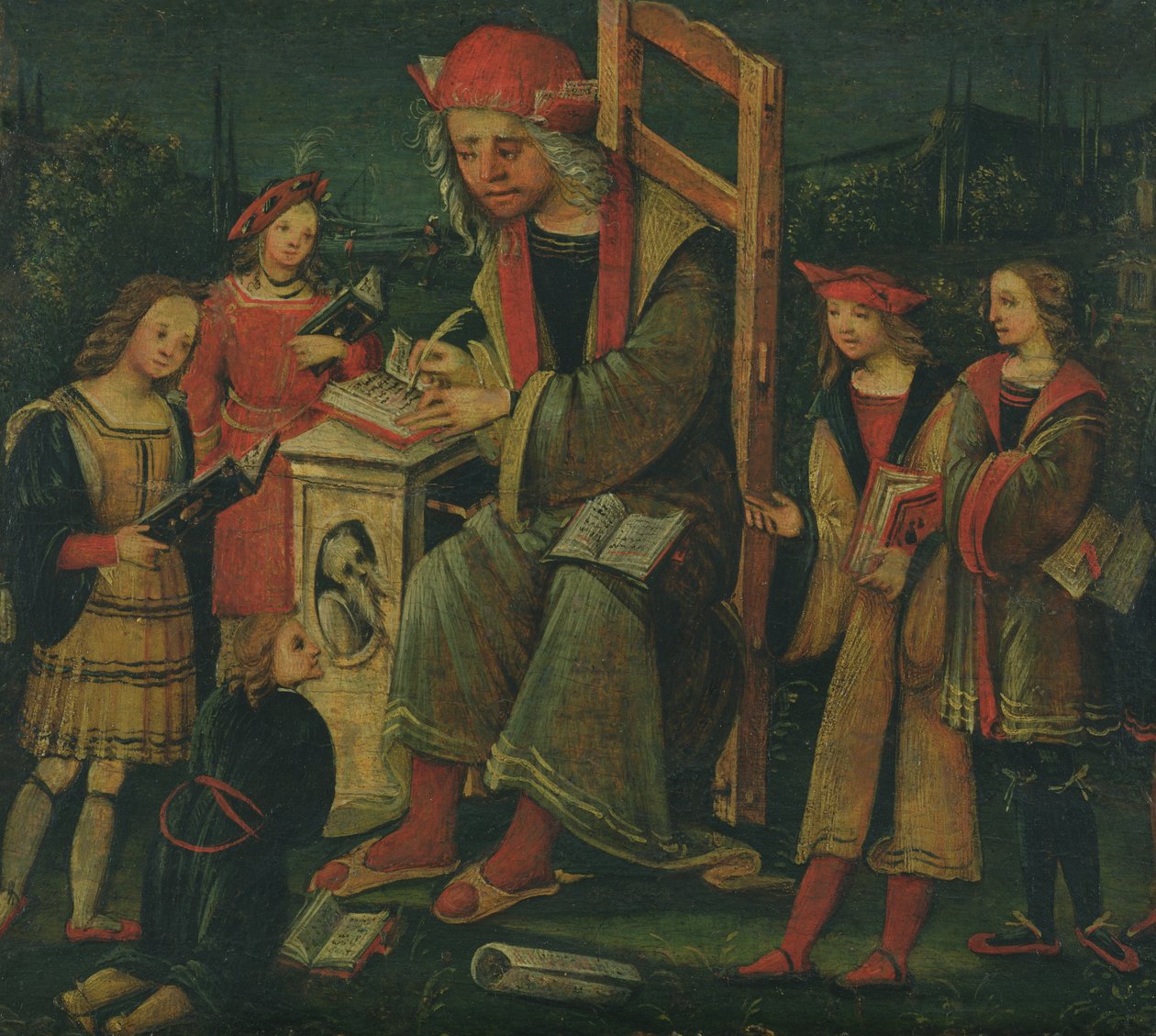 St Cassian i sin stol, omgiven av sina elever av Amico Aspertini