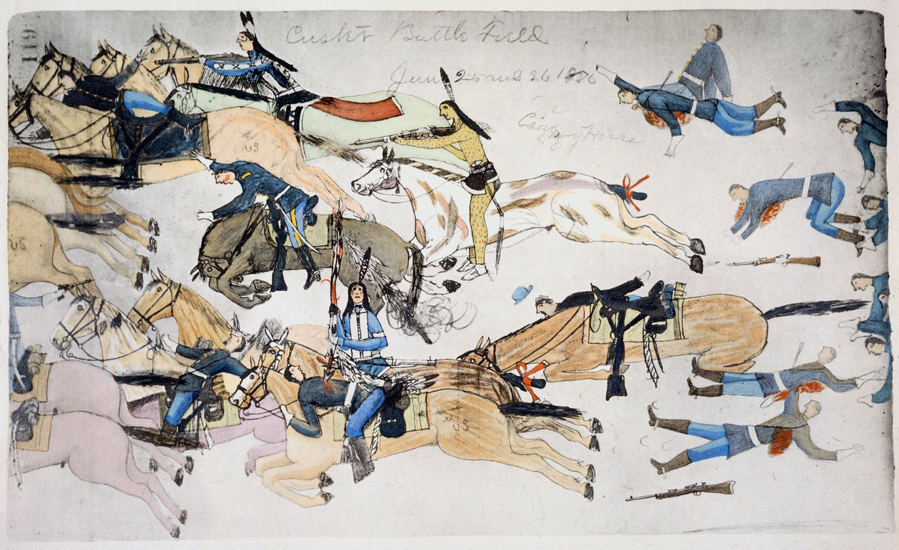 Slaget vid Little Bighorn, Montana, USA, 25-26 juni 1876 c1900 av Amos Bad Heart Buffalo