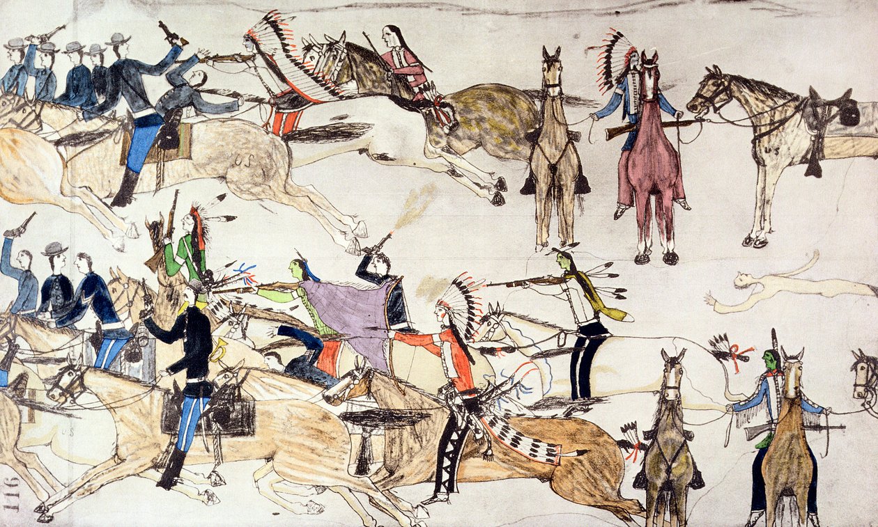 Slaget vid Little Bighorn, Montana, USA, 25-26 juni 1876 c1900 av Amos Bad Heart Buffalo
