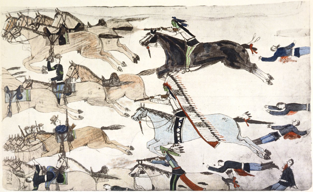 Slaget vid Little Bighorn, Montana, USA, 25-26 juni 1876 c1900 av Amos Bad Heart Buffalo