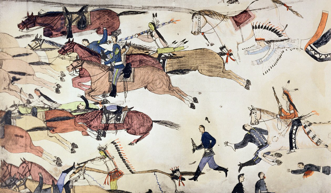 Slaget vid Little Bighorn, Montana, USA, 25-26 juni 1876 c1900 av Amos Bad Heart Buffalo