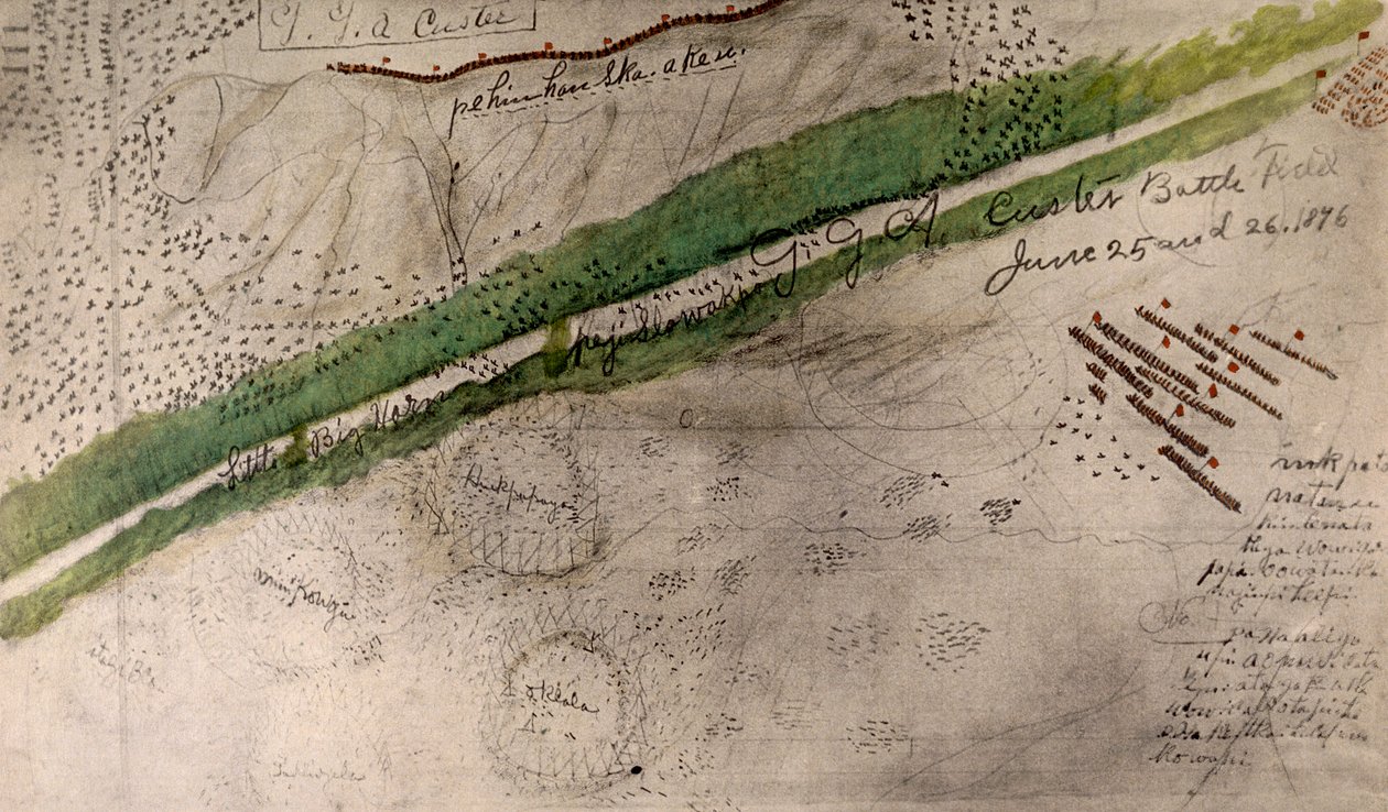 Topografiskt diagram över slagfältet vid Little Big Horn (kol och bläck på papper) av Amos Bad Heart Buffalo