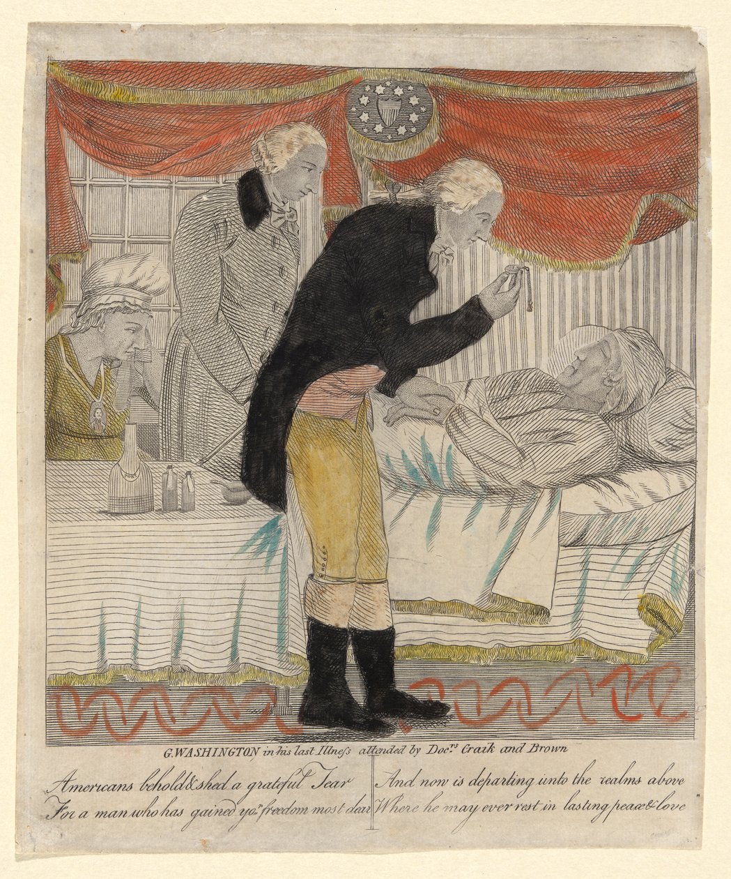G. Washington i sin sista sjukdom där läkarna Craik och Brown deltog av Amos Doolittle