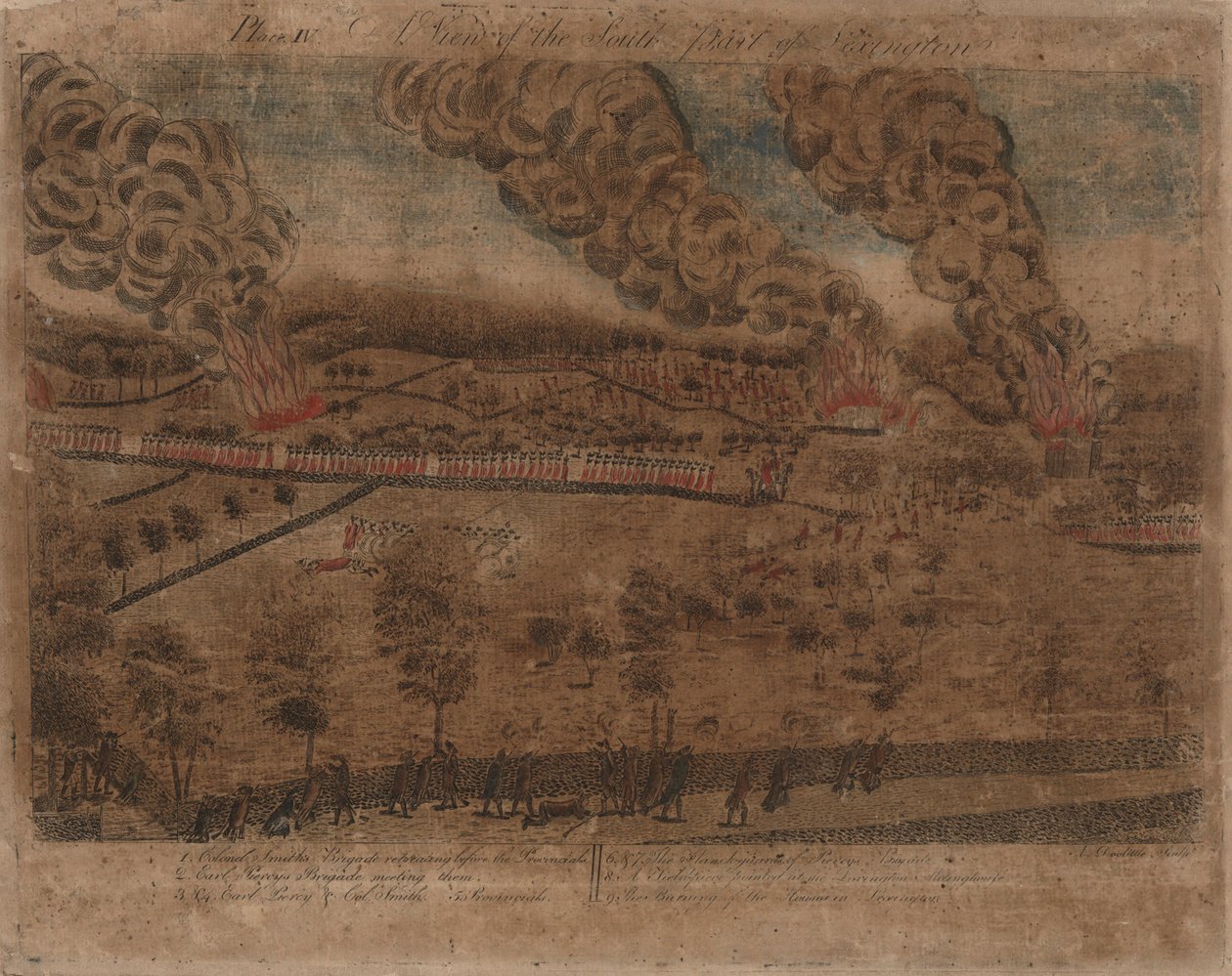 Slaget vid Lexington och Concord: Plåt I, Slaget vid Lexington, 19 april 1775. Plåt II, En vy över staden Concord. Platta III: Förlovningen vid South Bridge i Concord. Platta IV: En bild av den södra delen av Lexington. av Amos Doolittle