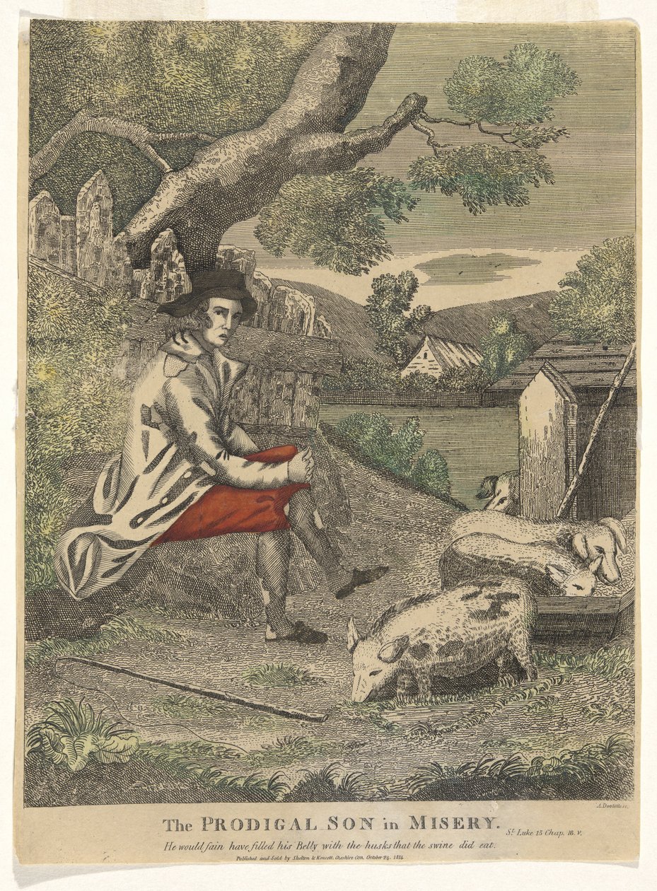 Den förlorade sonen i misär (han skulle gärna ha fyllt sin mage med skalen som svinen åt - St. Lukas 15 Kap 16v) av Amos Doolittle