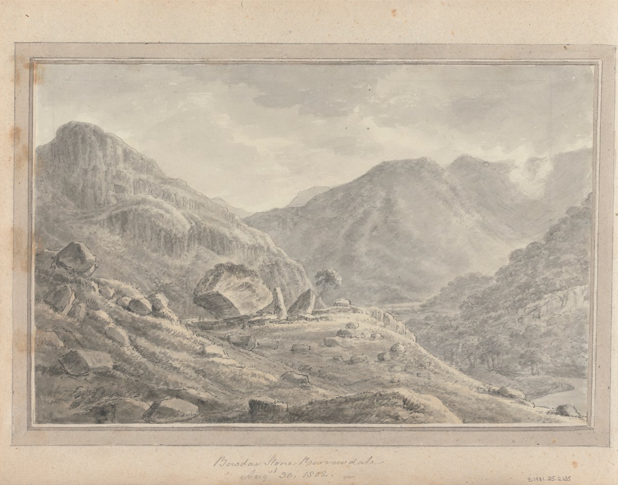 Utsikter i England, Skottland och Wales: Bowder Stone Borrowdale, 30 augusti 1802 av Amos Green