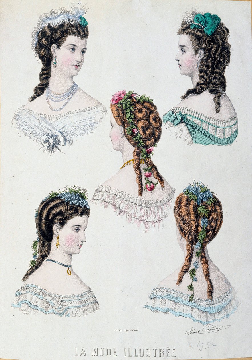Fem frisyrer av kvinnor Plate hämtade från "La mode illustree"" av Anais Coutwelve av Anais Toudouze