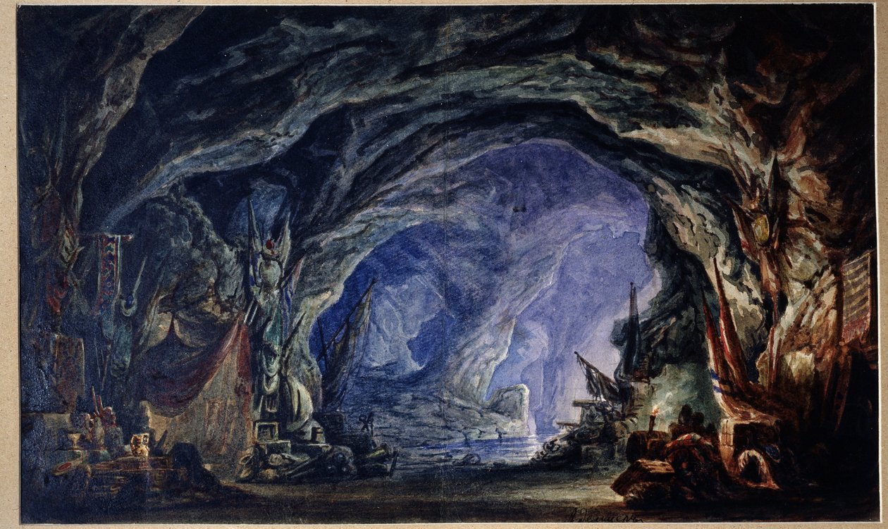 Förberedande dekor för balett Le Corsaire av Adolphe Adam (1803-1856) (Scenografi för Balett Corsair av A.Adam). Korsarernas grotta, tillgänglig sjövägen, där de samlar upp sitt byte och priser av alla slag (dukar, fat, vapen). Åh av Anatoli Fedorovich Geltser