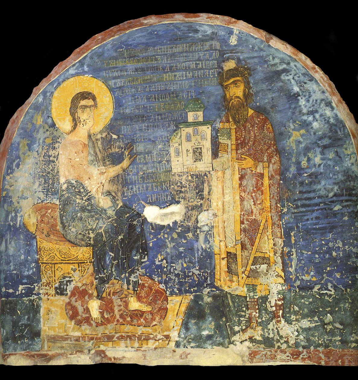 Storprins Yaroslav II Vsevolodovich med modell av Nereditsa-kyrkan före Kristus, 1100-talet av Ancient Russian frescos